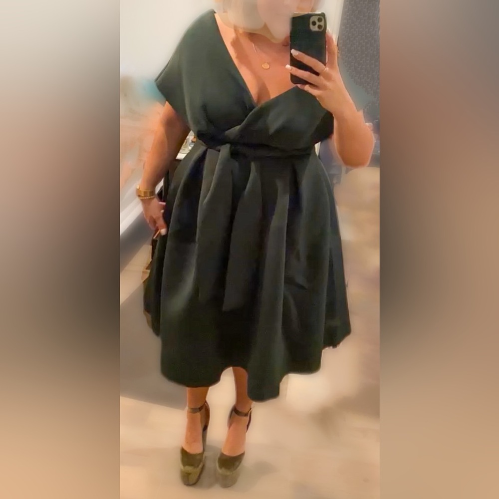 Beautiful forest green “Scuba” Cut off the shoulder dress - worn for one event